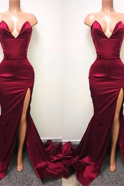 Sexy V-neck Chiffon Mermaid Prom Dress Long With Split Burgundy - Image 4