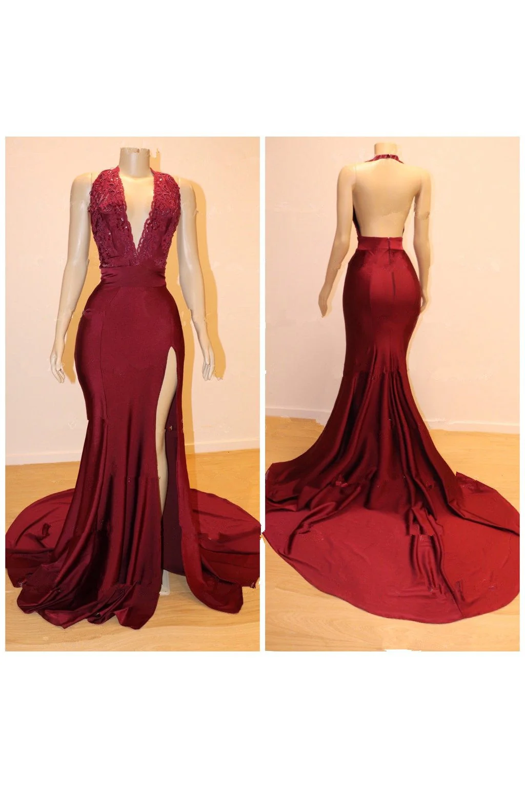 Sexy V-neck Chiffon Mermaid Prom Dress Sequins Long Backless With Split - Image 2