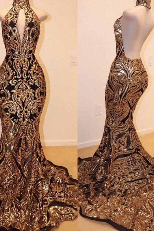 Sexy V-neck Halter Backless Mermaid Prom Dress Gold Sequins Long Backless - Image 2