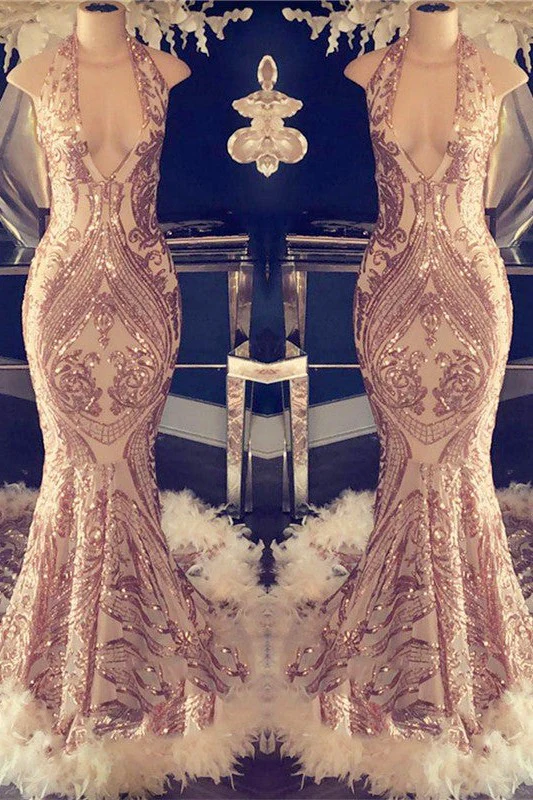 Sexy V-neck Halter Mermaid Prom Dress Gold Sequins Long Backless - Image 2