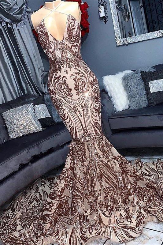 Sexy V-neck Sequins Sleeveless Mermaid Floor Length Prom Dresses - Image 2