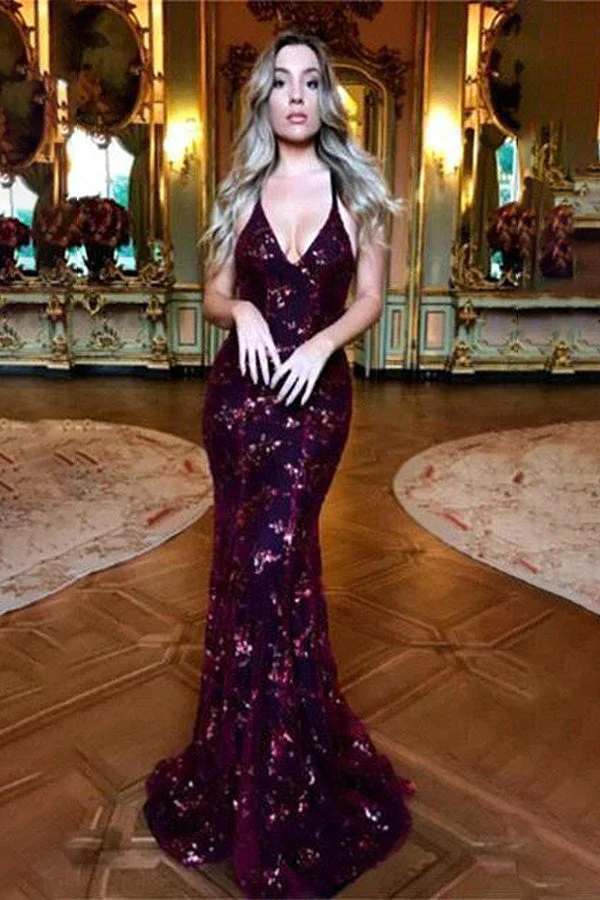 Sexy V-Neck Spaghetti Straps Mermaid Prom Dress  Sequins Black Silvery Long - Image 7