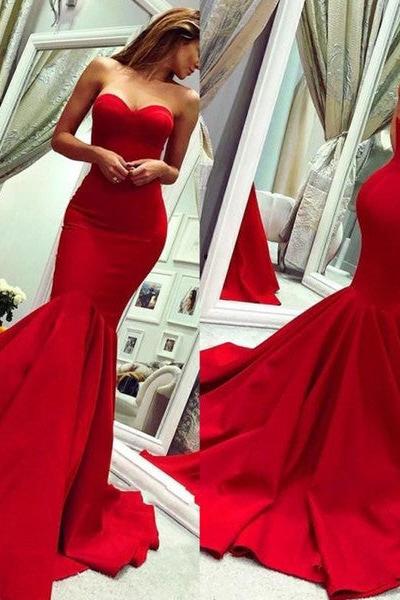 Sey Red Satin Mermaid Sleeveless Sweetheart Floor Length Backless Prom Dresses Evening Gowns With Zipper - Image 3