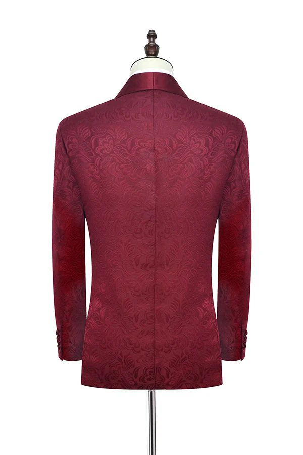 Sharp-looking Burgundy Jacquard One Button Silk Shawl Lapel Mens Suits for Wedding and Prom - Image 2