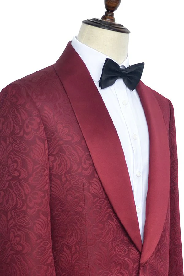 Sharp-looking Burgundy Jacquard One Button Silk Shawl Lapel Mens Suits for Wedding and Prom - Image 3