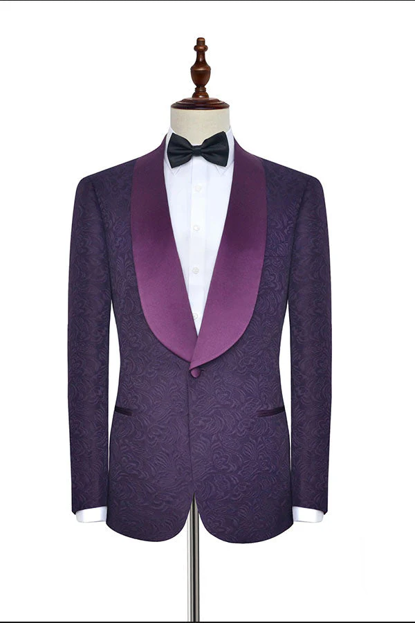 Sharp-looking Dark Purple One Button Wedding Tuxedos Silk Shawl Lapel Jacquard Marriage Suits - Image 3