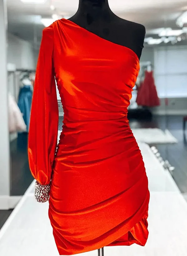 Sheath/Column One-Shoulder Long Sleeves Short/Mini Satin Homecoming Dresses - Image 4