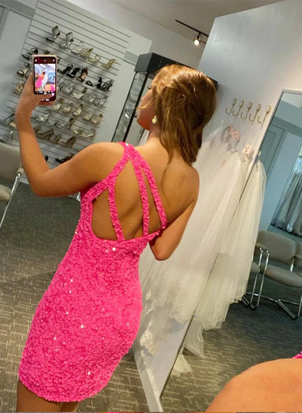 Sheath/Column One-Shoulder Sleeveless Sequined Short/Mini Homecoming Dresses With Sequins - Image 2