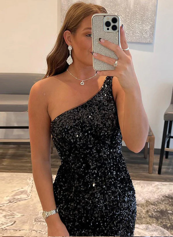 Sheath/Column One-Shoulder Sleeveless Sequined Short/Mini Homecoming Dresses With Sequins - Image 4