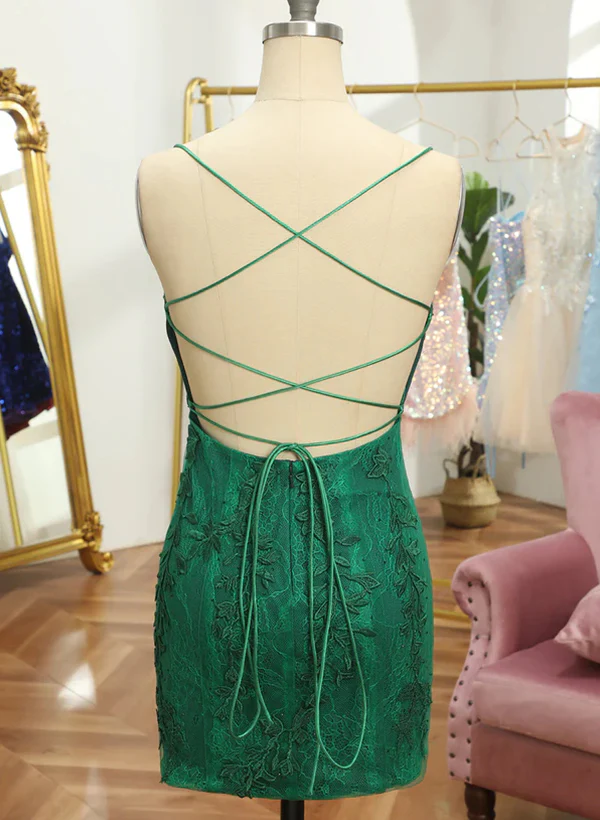 Sheath/Column Scoop Neck Sleeveless Short/Mini Lace Homecoming Dresses - Image 3