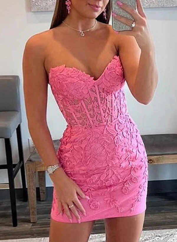 Sheath/Column Sleeveless Strapless Lace Short/Mini Homecoming Dresses With Lace - Image 2