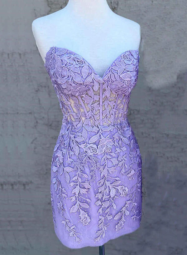 Sheath/Column Sleeveless Strapless Lace Short/Mini Homecoming Dresses With Lace - Image 4