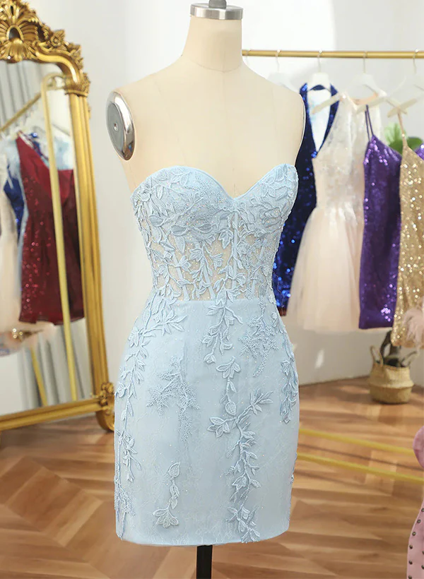 Sheath/Column Sleeveless Strapless Lace Short/Mini Homecoming Dresses With Lace - Image 5