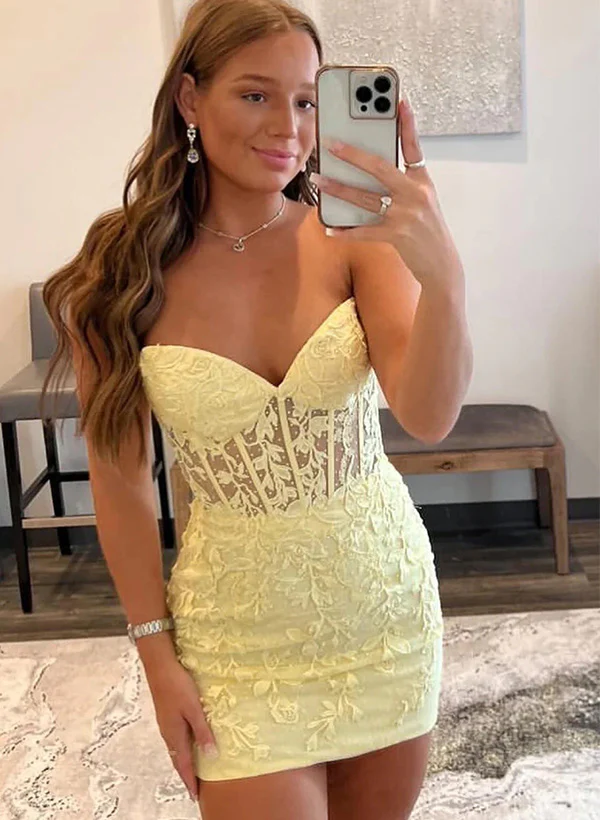 Sheath/Column Sleeveless Strapless Lace Short/Mini Homecoming Dresses With Lace - Image 7