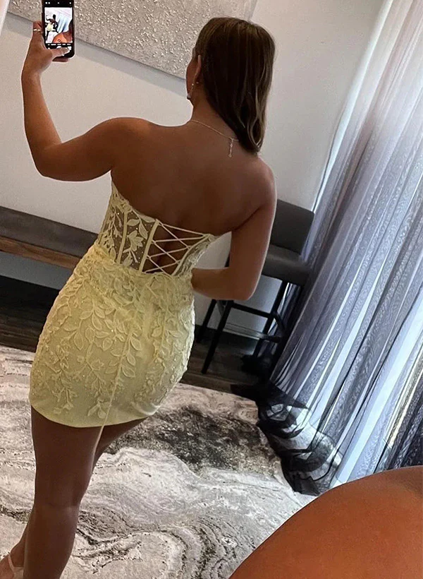 Sheath/Column Sleeveless Strapless Lace Short/Mini Homecoming Dresses With Lace - Image 8