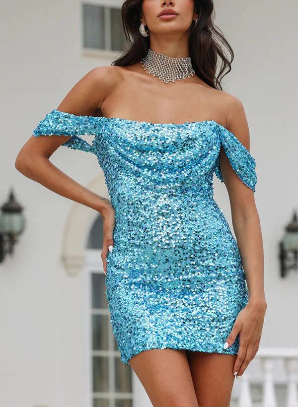 Sheath Cowl Neck Sleeveless Short/Mini Sequined Homecoming Dresses - Image 4
