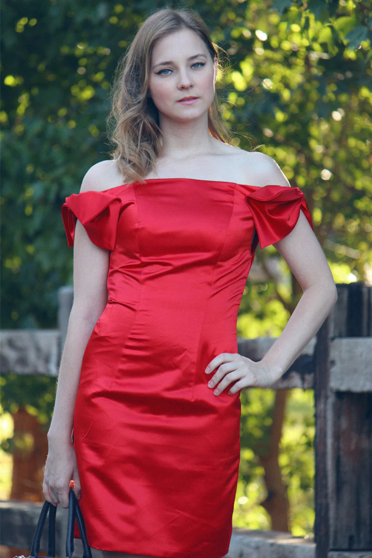 Sheath Off-the-shoulder Knee Length Charmuse Sleeveless Prom Dress - Image 4