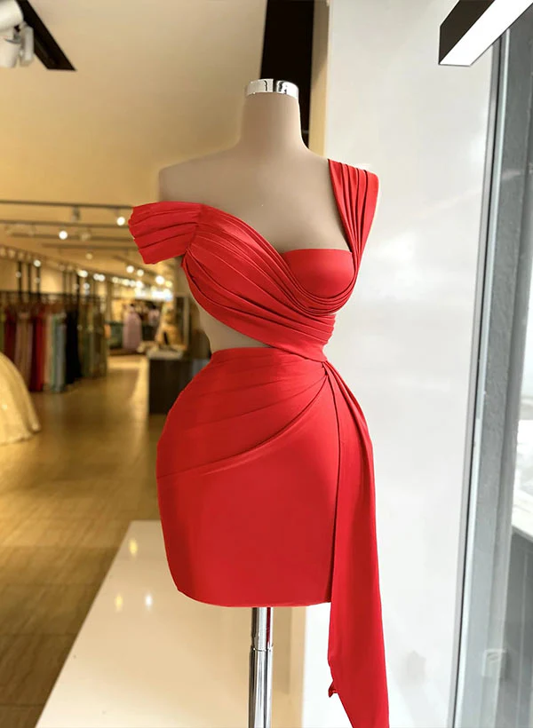 Sheath Off-The-Shoulder Sleeveless Short/Mini Charmeuse Homecoming Dresses With Cascading Ruffles - Image 2