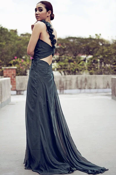 Sheath One-shoulder Floor Length Chiffon Backless Handmade Flower Evening Dress - Image 2
