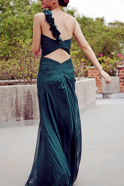 Sheath One-shoulder Floor Length Chiffon Backless Handmade Flower Evening Dress - Image 5