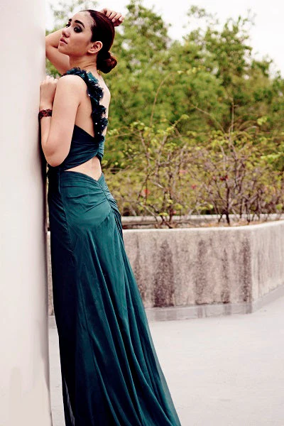 Sheath One-shoulder Floor Length Chiffon Backless Handmade Flower Evening Dress - Image 7