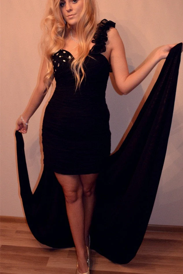 Sheath One-shoulder Hi-low Length Chiffon Rhinestone Prom Dress - Image 3