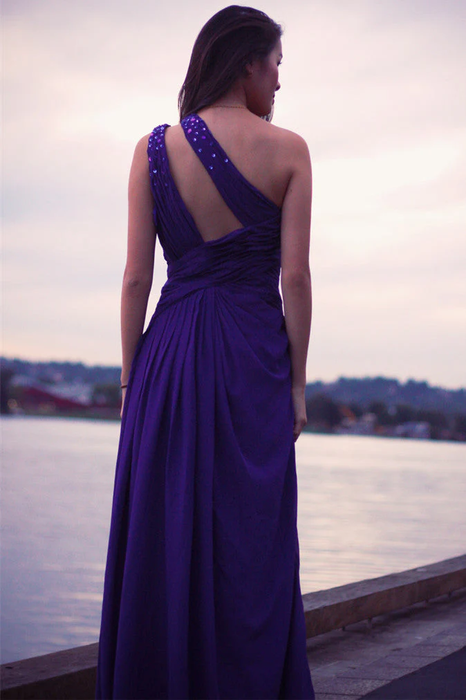 Sheath One-shoulder Sleeveless Floor Length Beaded Chiffon Evening Dress - Image 2