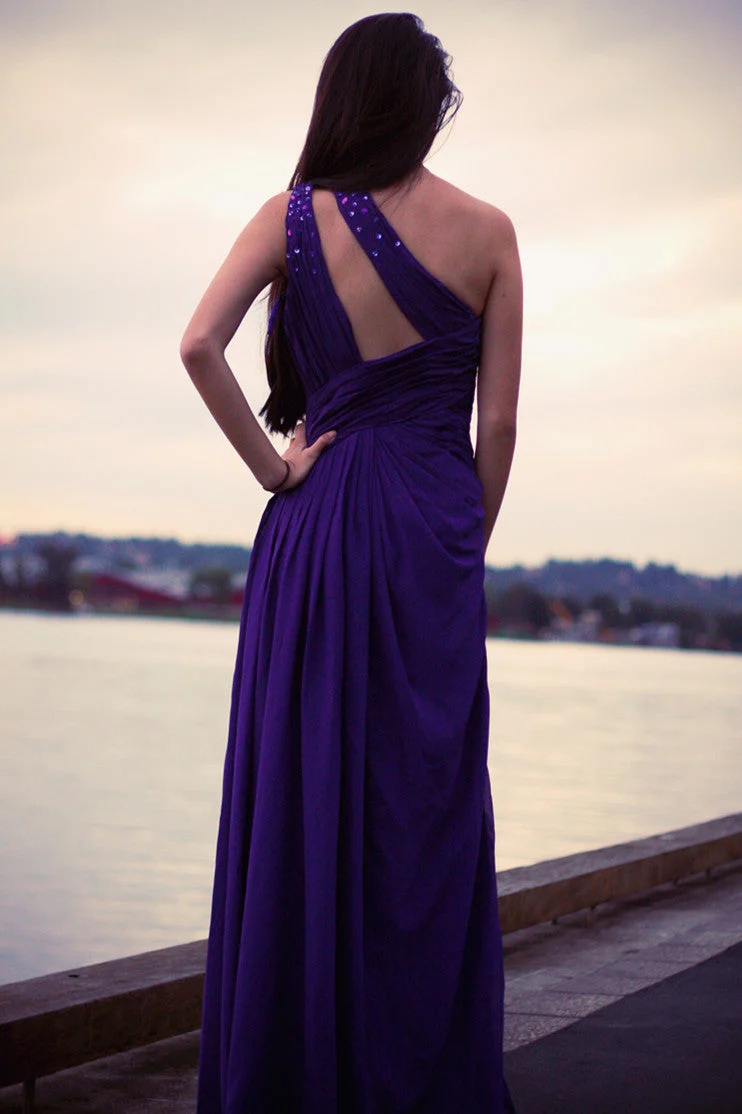 Sheath One-shoulder Sleeveless Floor Length Beaded Chiffon Evening Dress - Image 4