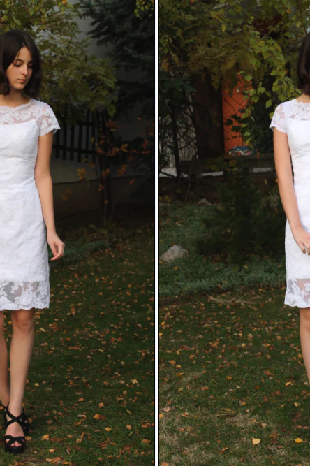 Sheath Round Collar Knee Length Short Sleeves Tulle Lace Wedding Dress - Image 6