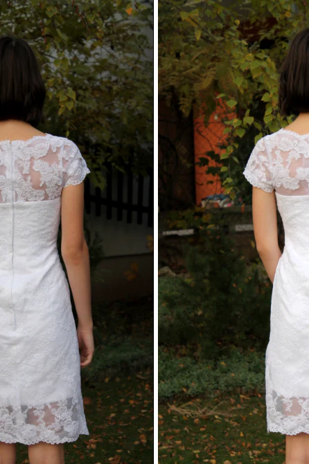 Sheath Round Collar Knee Length Short Sleeves Tulle Lace Wedding Dress - Image 7