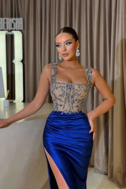 Ballbella Sheath Royal Blue Straps Slit Front Square Sleeveless Jewelry Ruffles Long Stain Evening Dress with Beadings - Image 2