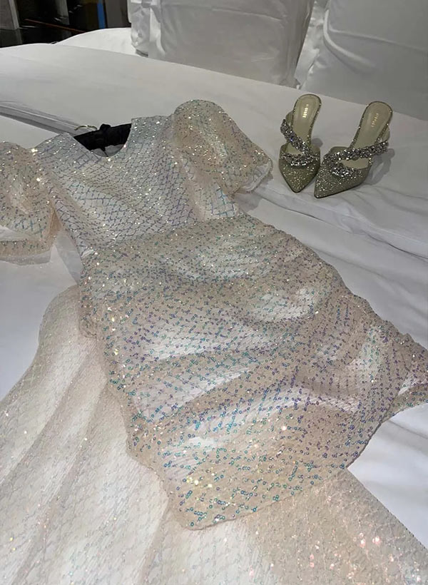 Sheath Scoop Neck Short Sleeves Short/Mini Sequined Homecoming Dresses - Image 3