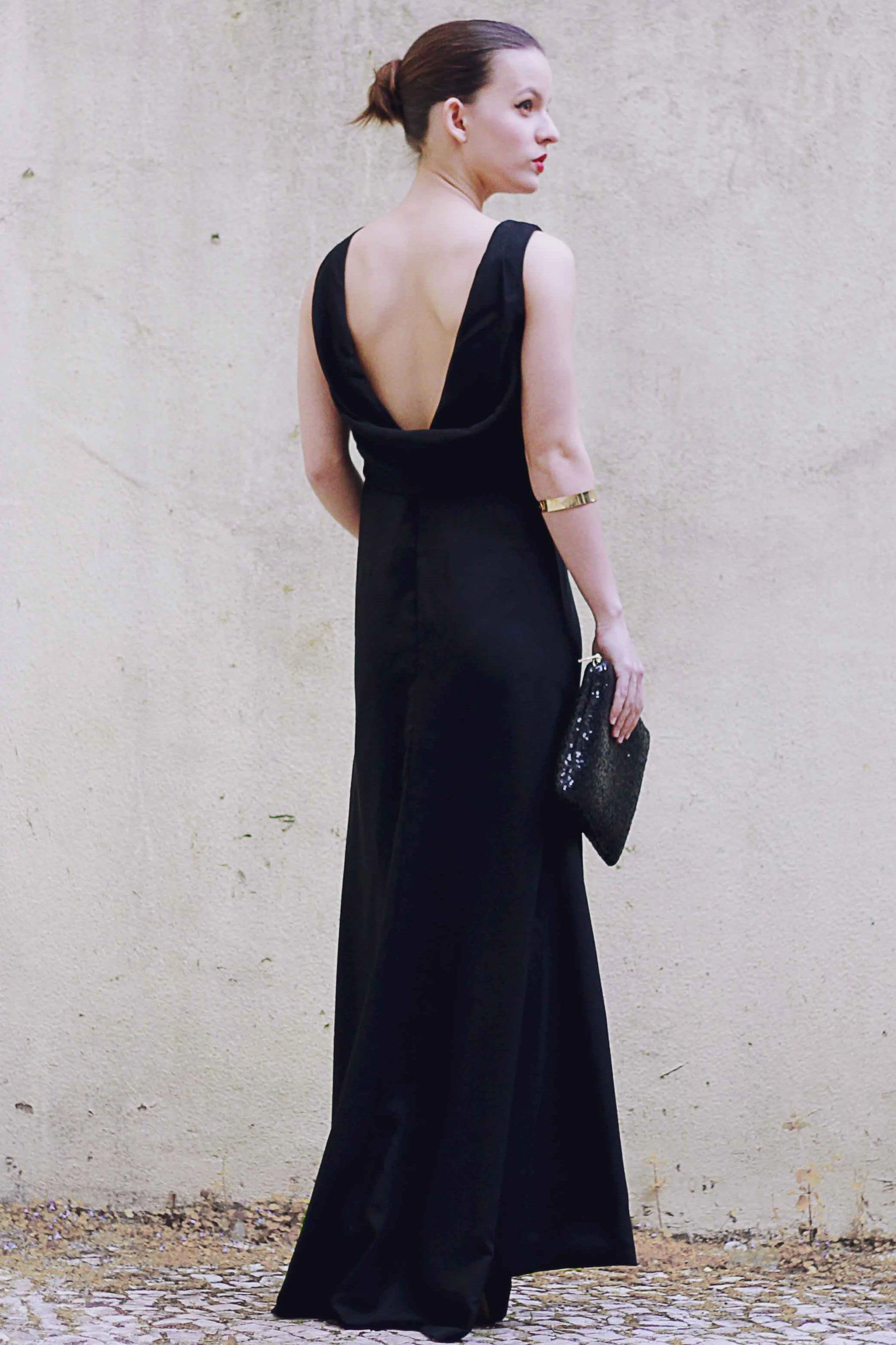 Sheath Small Round Collar Floor Length Front Slit Backless Chiffon Evening Dress - Image 2