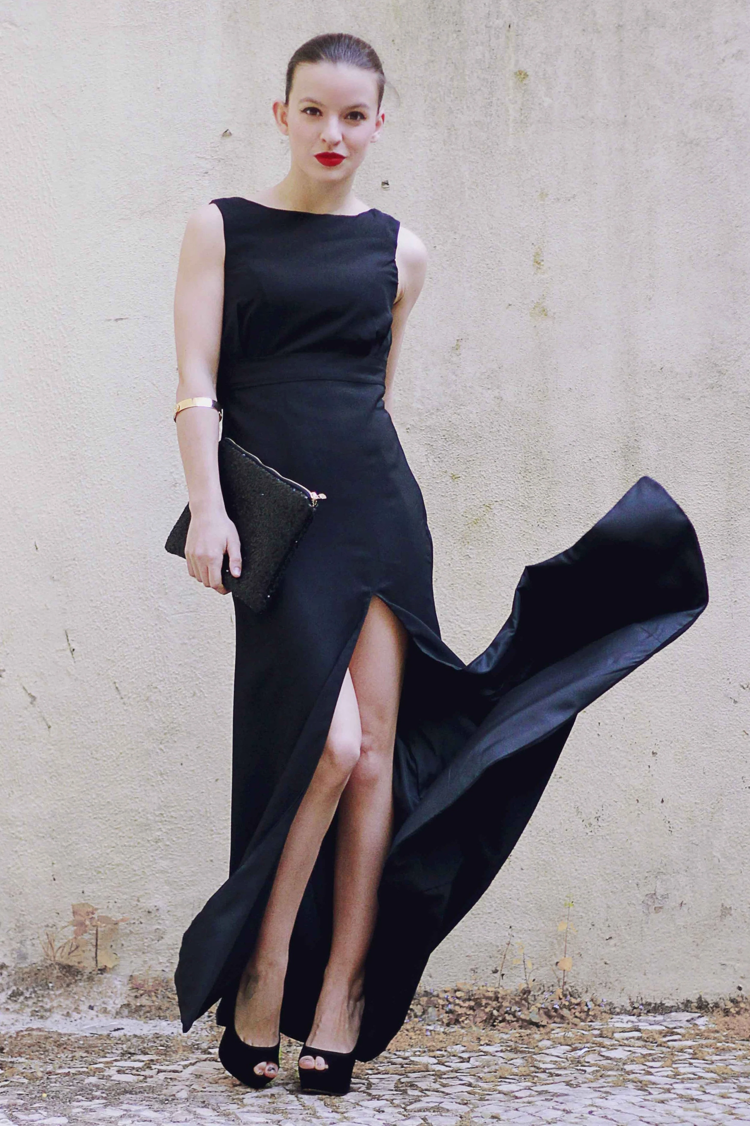 Sheath Small Round Collar Floor Length Front Slit Backless Chiffon Evening Dress - Image 3