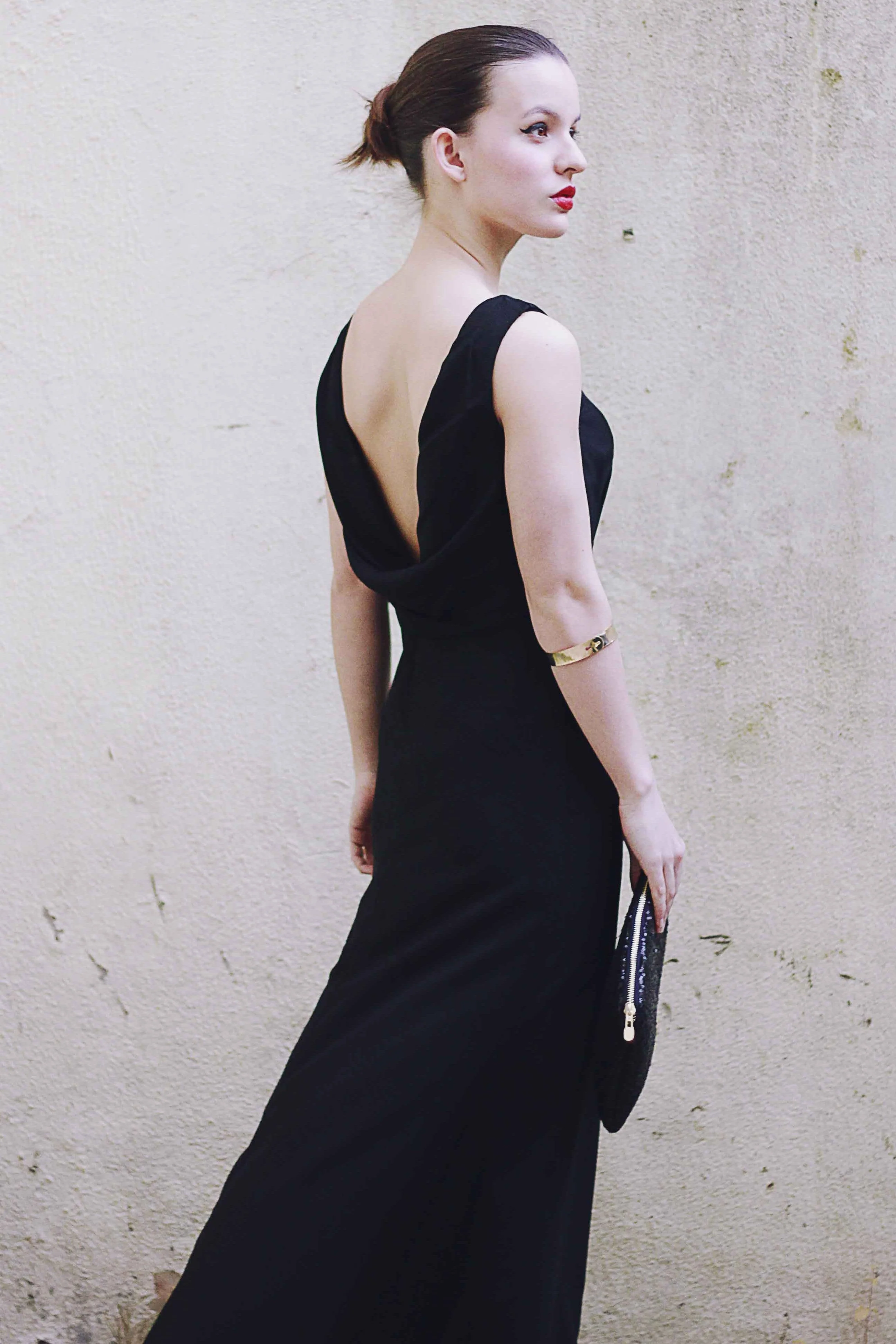 Sheath Small Round Collar Floor Length Front Slit Backless Chiffon Evening Dress - Image 4