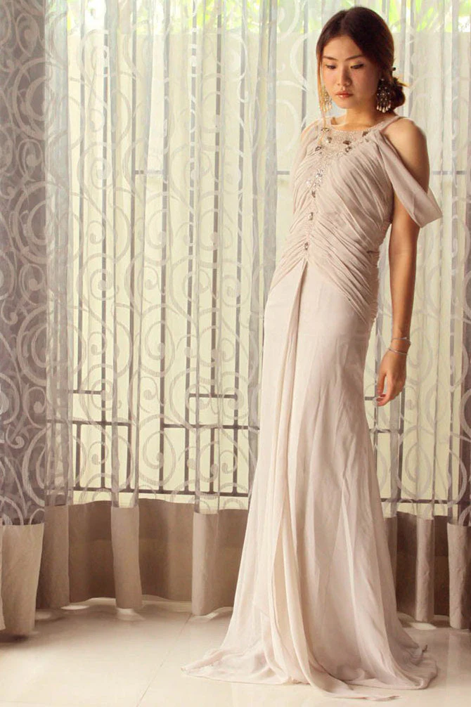 Sheath Spaghetti Strap Floor Length Tulle Rhinestone Evening Dress - Image 3