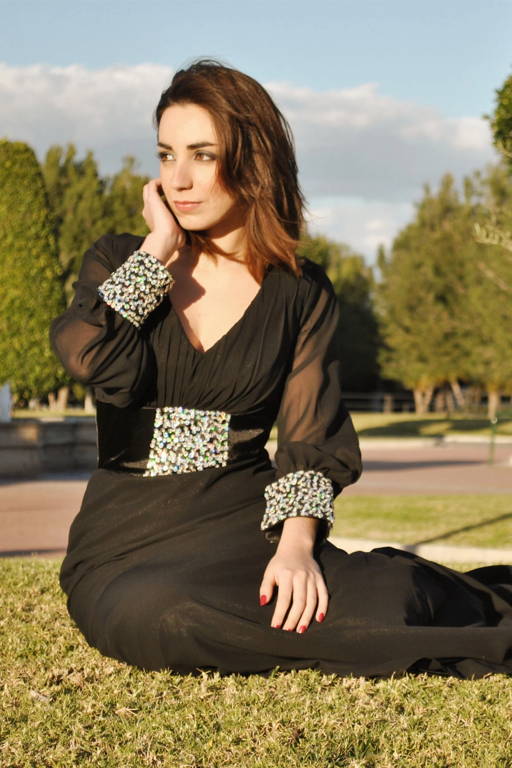 Sheath V-neck Long Sleeves Floor Length Beaded Chiffon Evening Dress - Image 2