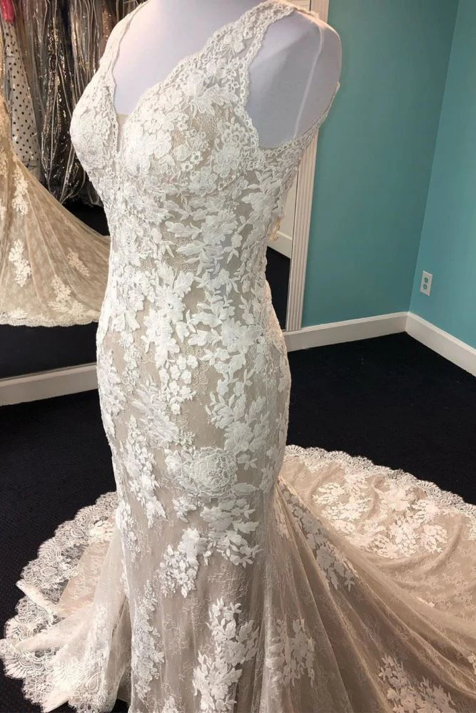 Sheath V Neck Straps Champagne Wedding Dress Tulle White Lace Sleeveless Long Bridal Gown - Image 2