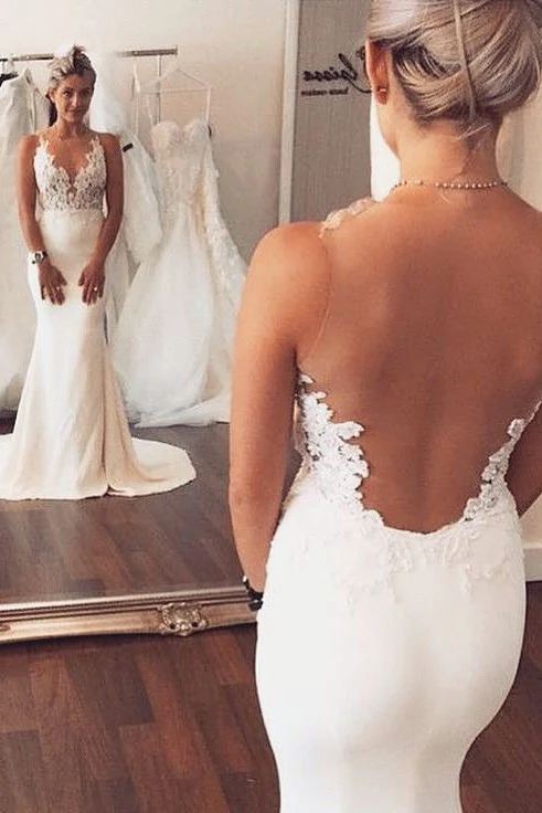 Sheer back Mermaid Wedding Dress Sleeveless Lace summer Beach Bridal Gowns - Image 3