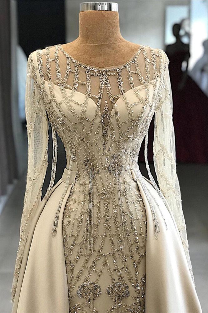 Shining Beaded Long Sleevess Round Neck Prom Dresses With Over Skirt A Line Evening Gowns - Image 2