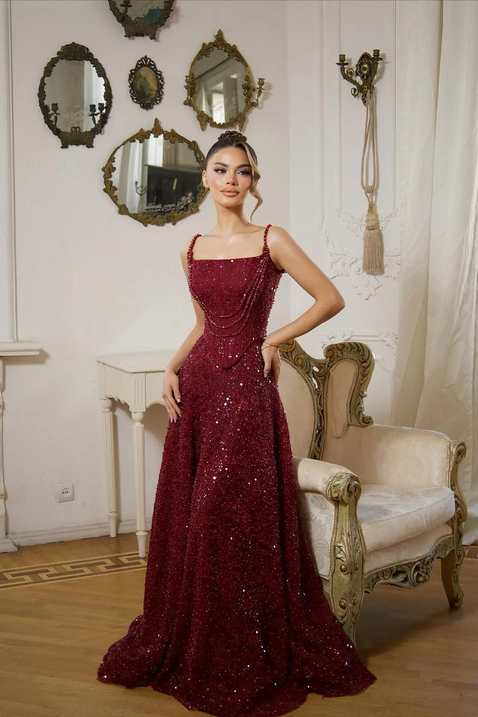 Shining Burgundy Spaghetti-Strap Sleeveless Sequins Prom Dress A-Line Long With Beads - Image 2