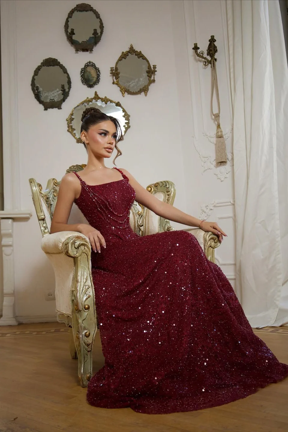 Shining Burgundy Spaghetti-Strap Sleeveless Sequins Prom Dress A-Line Long With Beads - Image 3
