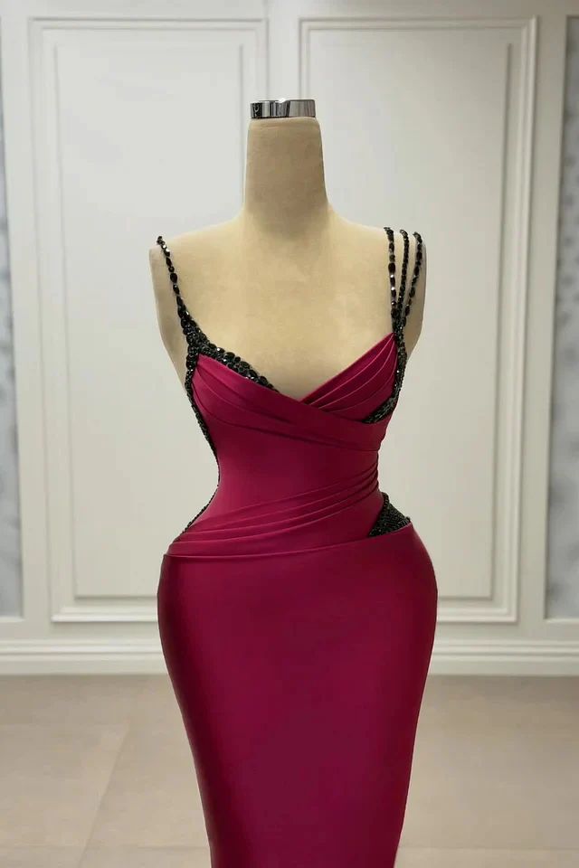 Shining Dark Red Spaghetti-Straps V-Neck Satin Prom Dress Sleeveless Mermaid With Beads - Image 2
