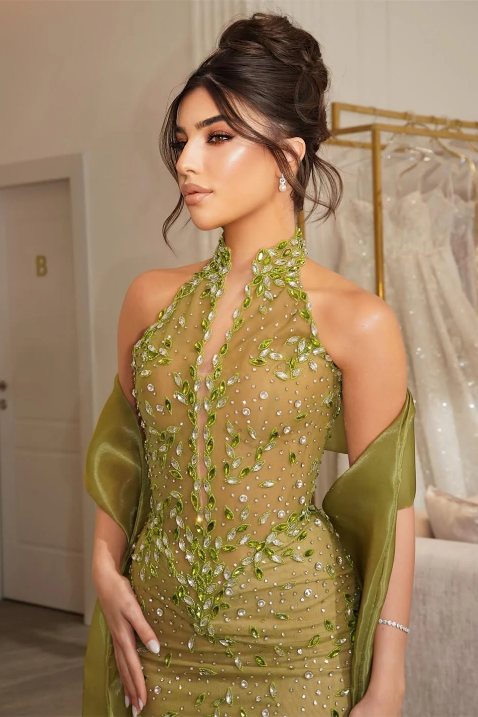 Shining Green High Collar Sleeveless Mermaid Prom Dresses Column Gem Beads With Zipper - Image 3