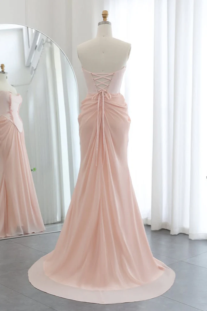 Shining Pink Strapless Sleeveless Chiffon Prom Dresses Long Beads With Lace-Up Back Pleats - Image 2