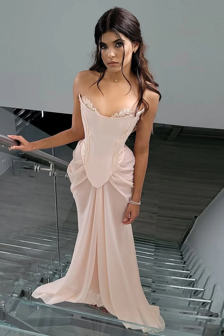 Shining Pink Strapless Sleeveless Chiffon Prom Dresses Long Beads With Lace-Up Back Pleats - Image 4