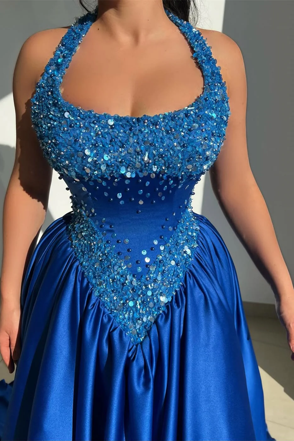 Shining Royal Blue Halter Sleeveless Satin Prom Dresses A-Line Long With Beads Pleats - Image 2