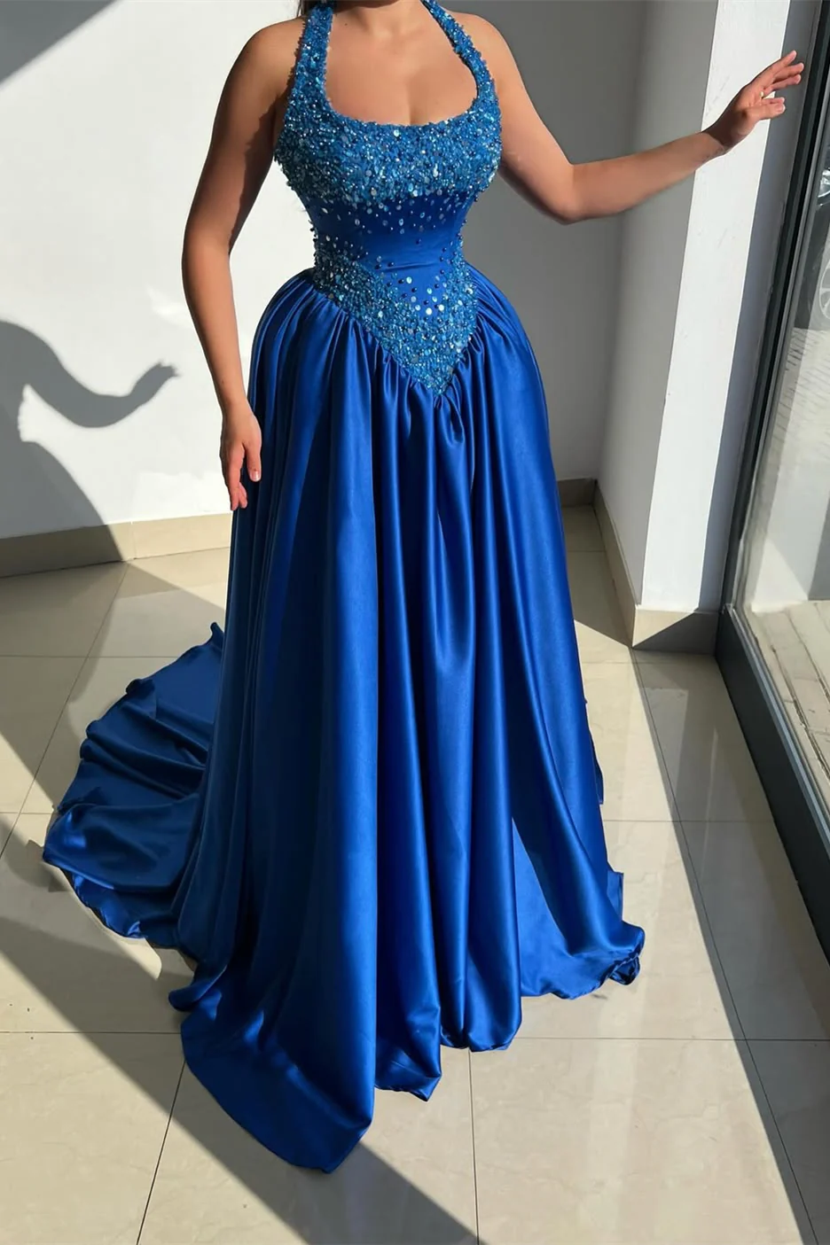 Shining Royal Blue Halter Sleeveless Satin Prom Dresses A-Line Long With Beads Pleats - Image 3