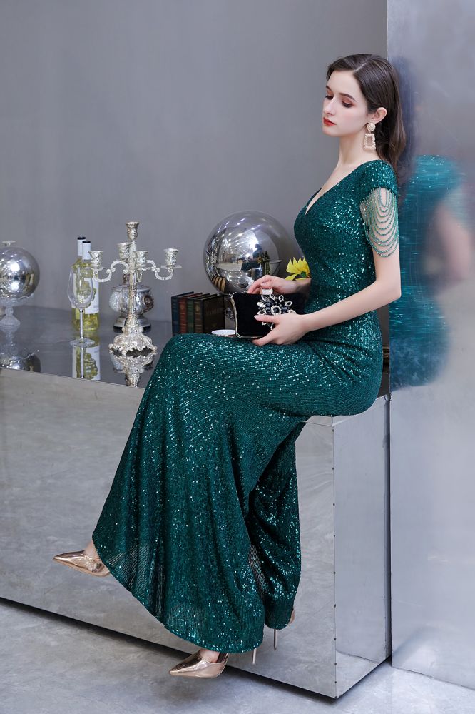 Shining Sequined Emerald Green Mermaid Cap sleeve Long Prom Party Gowns - Image 11