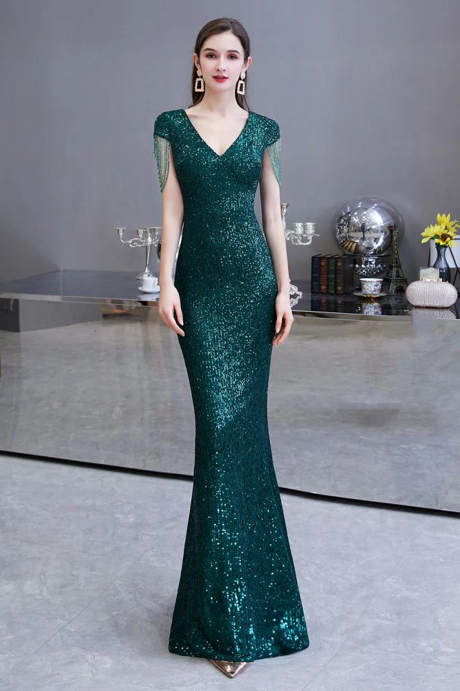 Shining Sequined Emerald Green Mermaid Cap sleeve Long Prom Party Gowns - Image 2